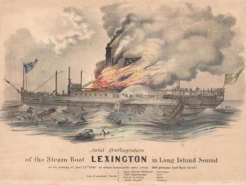 1840 View of the Steamboat Lexington Disaster, Long Island, New York