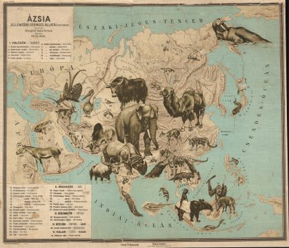 1928 Terezia and Janos Pictorial Zoological Wall Map of Asia in Hungarian