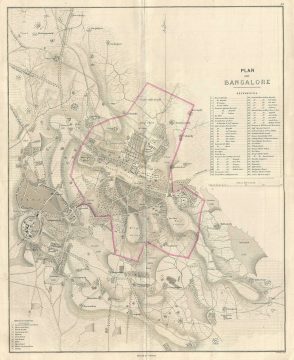 1854 Pharoah Map or Plan of the City of Bangalore or Bengaluru, India