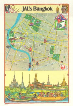 1975 Japan Air Lines Pictorial Tourist Map of Bangkok, Thailand