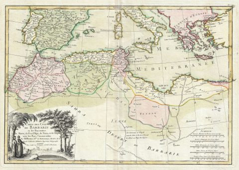 1762 Bonne Map of the Mediterranean and the Maghreb or Barbary Coast, Africa