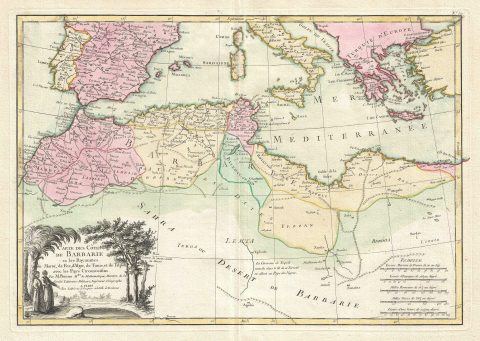 1762 Bonne Map of the Mediterranean and the Maghreb or Barbary Coast, Africa