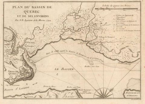 1744 Bellin Map of the River Approach to Quebec City, Canada