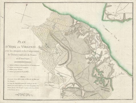 1787 Map of the Battle of Yorktown, Revolutionary War, Virginia