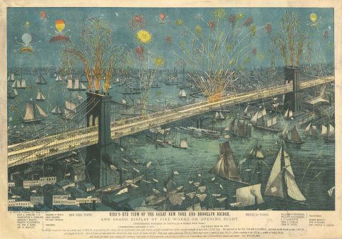 1883 Major Bird's-Eye View of the Brooklyn Bridge on Opening Night (New York)