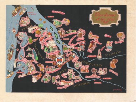 1943 Dratz Pictorial Cartoon Map Celebrating the Wines of Bordeaux, France