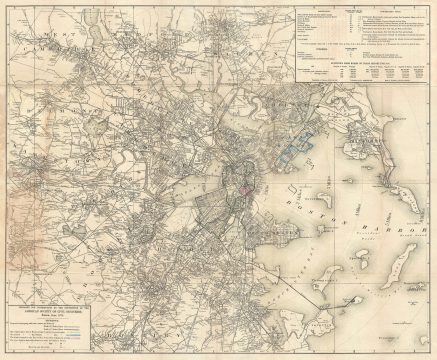 1878 Civil Engineers Map of Boston and Vicinity showing area of Great Fire