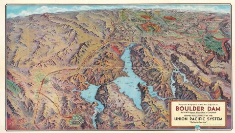 1934 Eddy Bird's-Eye View Map of Hoover (Boulder) Dam, Lake Mead, and Environs