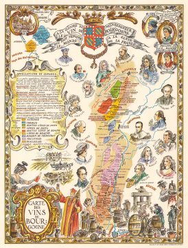 1950 Vezelay Pictorial Map of Burgundy (Bourgogne) Wine Region, France