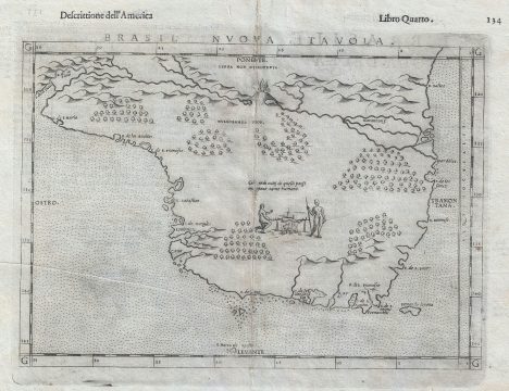 1574 Ruscelli Map of Brazil showing Cannibals (one of the earliest maps of Brazil)