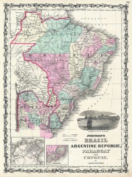 1861 Johnson Map of Brazil, Paraguay, Uruguay and Argentina