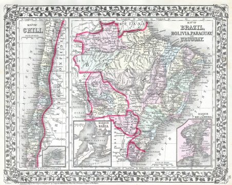 1872 Mitchell Map of Chile, Brazil, Bolivia, Paraguay and Uruguay.