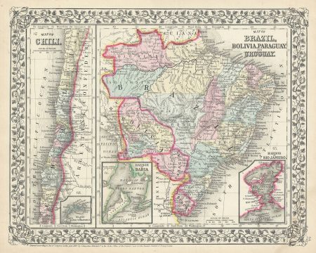 1867 Mitchell Map of Chile, Brazil, Bolivia, Paraguay and Uruguay