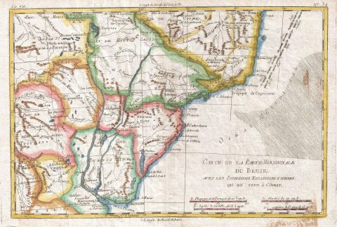 1780 Raynal and Bonne Map of Southern Brazil, Northern Argentina, Uruguay and Paraguay