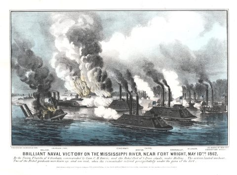 1862 Currier and Ives View of the Civil War Naval Battle of Plum Point Bend (Mississippi River)