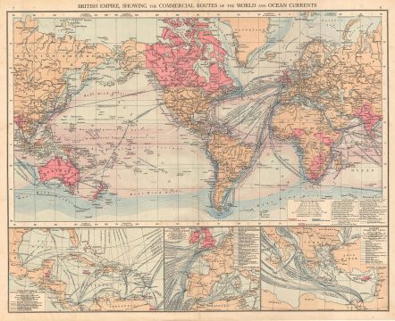 1895 Map of the World of the British Empire, w/ shipping routes and ocean currents