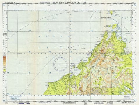 1958 U.S. Air Force Aeronautical Chart or Map of Northern Borneo (Brunei Bay) and Brunei