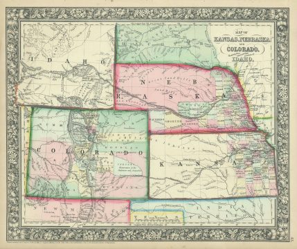 1863 Mitchell Map of Colorado, Kansas, Nebraska and Idaho / Wyoming