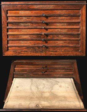 1840 Brué and Picquet Gentleman's Rosewood Map Cabinet w/12 maps