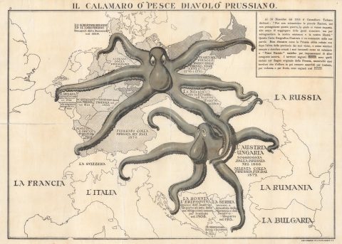 1916 British Propaganda Map of Europe with Prussia as an Octopus