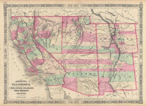1866 Johnson Map of California, Utah, Nevada, Colorado, New Mexico and Arizona
