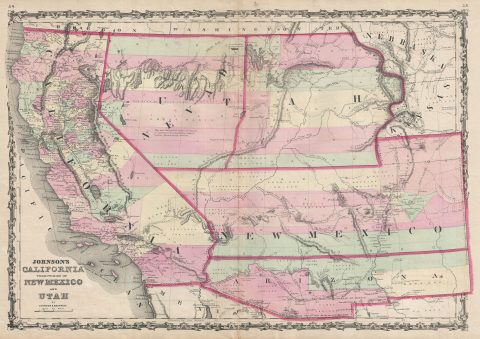 1860 Johnson Map of California, Nevada, Utah, New Mexico and Arizona