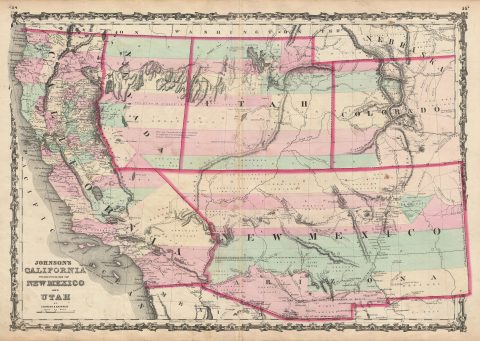 1861 Johnson Map of California, Nevada, Utah, New Mexico, Colorado, and Arizona