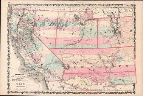1862 Johnson Map of California, Nevada, Utah, Colorado, New Mexico and Confederate Arizona