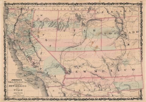 1863 Johnson Map of California, New Mexico, Arizona, Utah, and Colorado