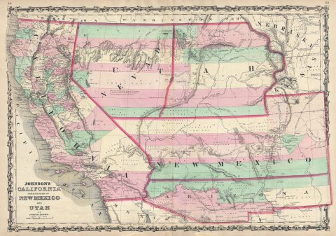 1860 Johnson Map of California, Nevada, Utah, New Mexico and Arizona