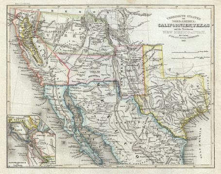 1852 Meyer Map of Texas and California w/California Gold Region and Texas at its Largest