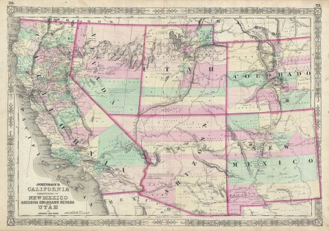 1863 Johnson Map of California, Nevada, New Mexico, Arizona, Colorado and Utah