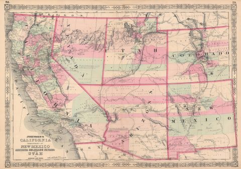 1863 Johnson Map of California, Nevada, New Mexico, Arizona, Colorado and Utah