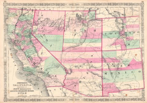 1863 Johnson Map of California, Nevada, New Mexico, Arizona, Colorado and Utah
