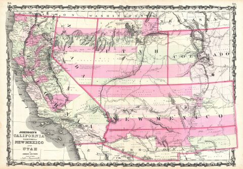 1863 Johnson Map of California, Nevada, Utah, Colorado, New Mexico and Arizona