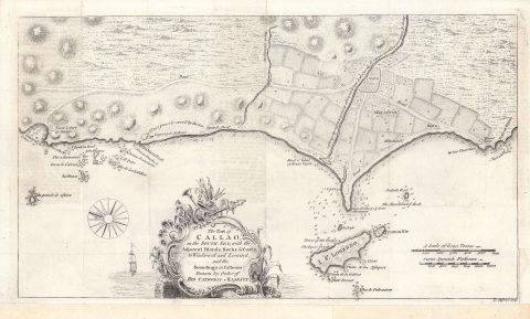 1753 Jefferys Map of Callao (Lima), Peru and Chart of Adjacent Coastline