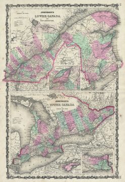 1863 Johnson Map of Upper Canada, Lower Canada and New Brunswick (Quebec and Ontario)
