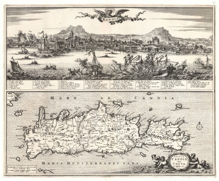 1670 Visscher Map and Panorama of Crete and Heraklion