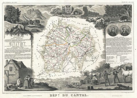 1852 Levasseur Map of the Department Du Cantal, France (Cantal Cheese Region)