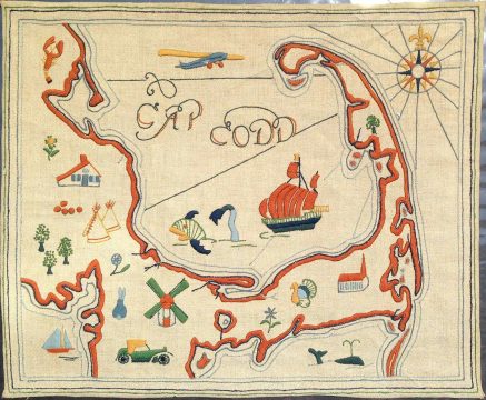 1930s Hand-Embroidered Map of Cape Cod, Massachusetts