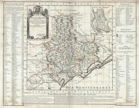 1708 De L'isle Map of the Diocese of Beziers, France (Languedoc Wine Region)