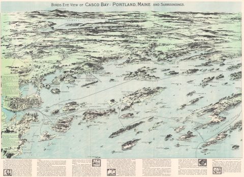 1950 Walker Bird's Eye View Map of Casco Bay, Portland, Maine