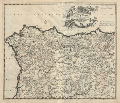 1721 De Wit Map of Northwest Spain: Old Castile, Leon, Galicia, Biscay, Navarre