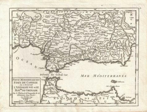 1749 Vaugondy Map of Andalusia and Grenada, Spain