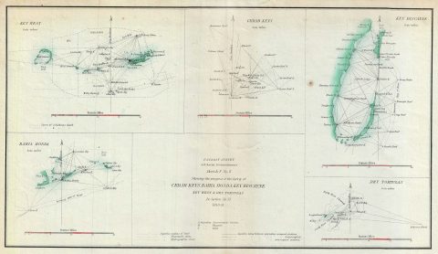 1851 U. S. Coast Survey Map of Key Biscayne, Key West, and the Cedar Keys, Florida