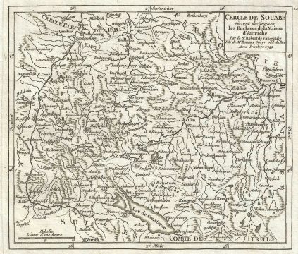 1749 Vaugondy Map of Swabia, Germany