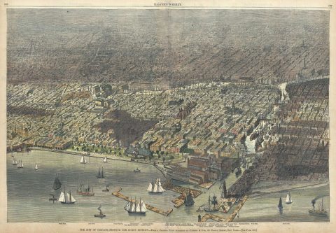 1874 Harper's Weekly Bird's Eye View of Chicago after the Fire of 1874