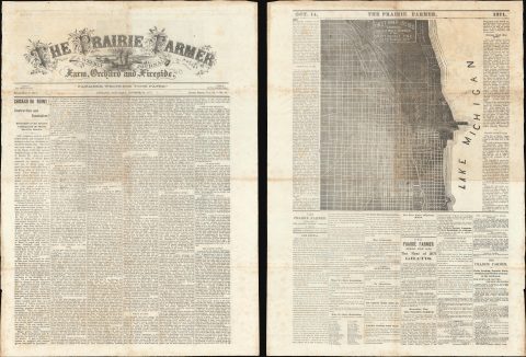 1871 'Prairie Farmer' First Broadside Map of the Chicago Fire - issued days after fire!