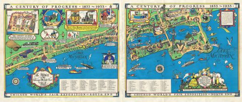 1933 Tony Sarg View Map of the Chicago Century of Progress Exposition