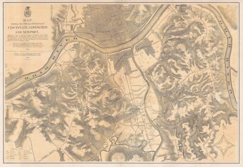 1877 American Civil War Corps of Engineers Map of Defenses of Cincinnati, Ohio